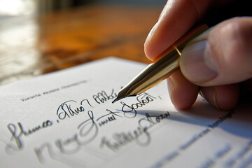 With pen in hand, parties involved affix their signatures, solidifying the legal bond between them - obrazy, fototapety, plakaty