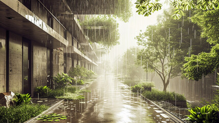 Rainy day in ecological city with sophisticated water harvesting systems, AI Generated