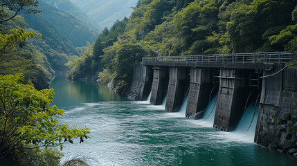 Serene hydropower system nestled in tranquil valley, AI Generated