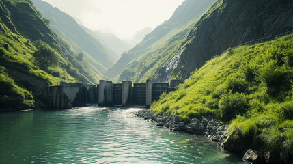 Serene hydropower system nestled in tranquil valley, AI Generated