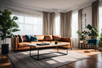 The blur living room features a wood table top, a leather sofa, and minimal décor.