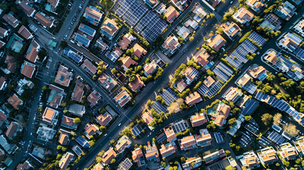 Bird's-eye view of city with every roof covered in solar panels, AI Generated