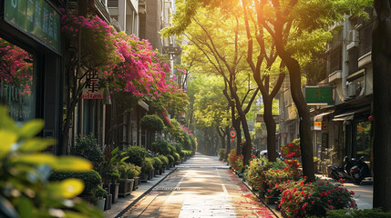Busy urban streets lined with trees and flowering plants, AI Generated - obrazy, fototapety, plakaty
