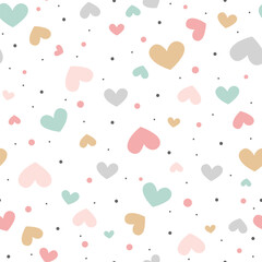 Cute pastel hearts seamless pattern on white background. Cute design for Valentines Day greeting card, scrapbooking, paper goods, background, wallpaper, wrapping, fabric and more. Vector Illustration