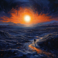 Painting and image of a long and cold night ending in sun and sun