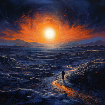 Painting and image of a long and cold night ending in sun and sun