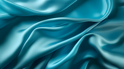 Fototapeta premium Cyan blue grenn silk, intense blue silky fabric, satin cloth, close-up picture of a piece of cloth, waves of fabric, fashion, luxury fabric, background texture, fabric texture,
