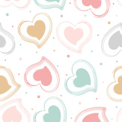 Romantic seamless pattern with hand drawn pastel hearts on white background. Cute Love design for Valentines Day greeting card, scrapbooking, paper goods, background, wrapping, fabric and more.
