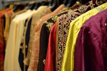 Rows of ornate traditional garments glisten under soft lighting