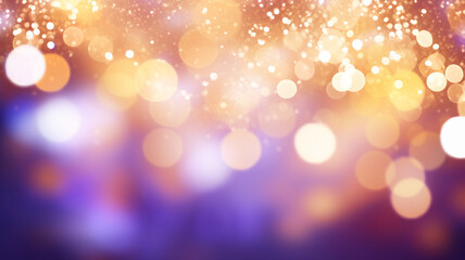 Fototapeta premium purple and yellow bokeh, raining light, blurry lights, blurry background, gold confettis on a black background, colorful, night lights, city lights, haze, depth of field, round bokeh, circle bokeh 