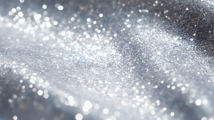 Silver glitter fabric, shiny silver fabric with sequin,  sparkly fabric background with bokeh light, luxury fabric, close-up shot of waves of fabric - obrazy, fototapety, plakaty