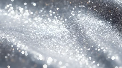 Poster Silver glitter fabric, shiny silver fabric with sequin,  sparkly fabric background with bokeh light, luxury fabric, close-up shot of waves of fabric © Ncorp