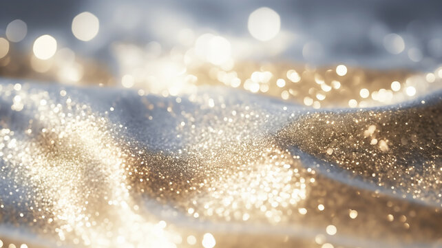 Silver and gold glitter fabric, shiny silver fabric with sequin,  sparkly fabric background with bokeh light, luxury fabric, golden waves of fabric