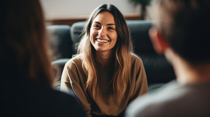 Professional therapists conduct an open group session and a comforting smile, emphasizing the importance of mental health and counseling. - obrazy, fototapety, plakaty