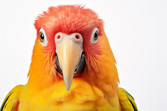 Colorful Parrot close-up portrait on a white background.	
