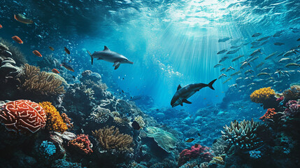Marine wildlife prospering in clean ocean, AI Generated - obrazy, fototapety, plakaty