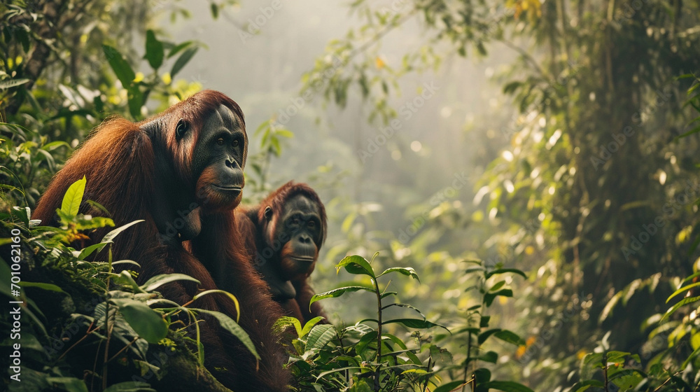 Wall mural Orangutans in lush and expansive reserved forest, AI Generated