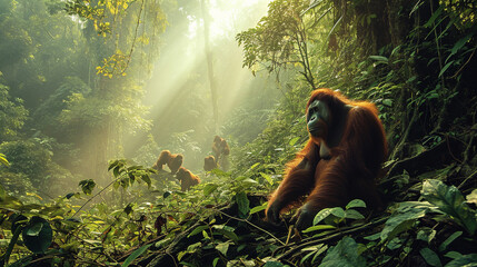 Orangutans in lush and expansive reserved forest, AI Generated