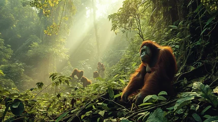 Deurstickers Orangutans in lush and expansive reserved forest, AI Generated © Shining Pro