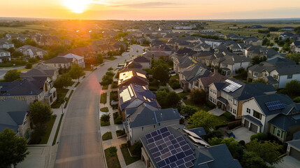 Solar panels on rooftops in suburban neighborhood, AI Generated - obrazy, fototapety, plakaty