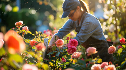 Volunteer pruning roses in peaceful community garden, AI Generated - obrazy, fototapety, plakaty