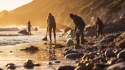 Volunteers cleaning littered beach, AI Generated - obrazy, fototapety, plakaty