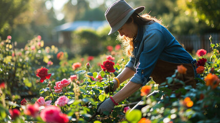 Volunteer pruning roses in peaceful community garden, AI Generated