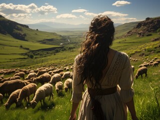 Beautiful Middle Eastern Woman Herding Goats and Sheep in the Field. A Shepherd Woman in the Pasture