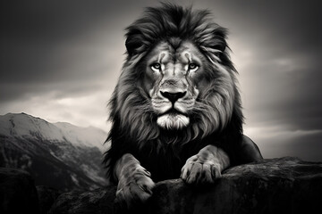 portrait of a lion in black and white in the wild