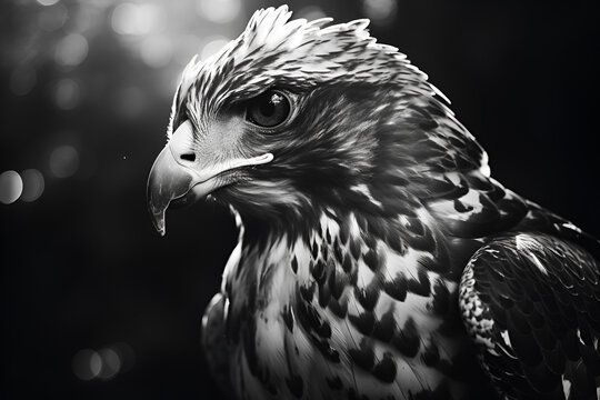 close up picture of a hawk in black and white