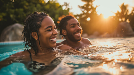 Happy young and beautiful black couple laughing and hugging in the water at sunshine. vacation and tourism picture for websites and advertising - obrazy, fototapety, plakaty