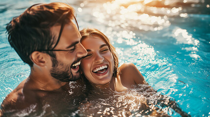 Happy young and beautiful couple laughing and hugging in the water at sunshine. vacation and tourism picture for websites and advertising