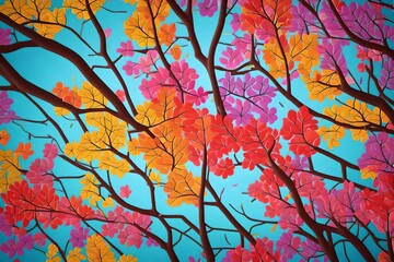 Illustration background of a colorful tree with leaves dangling from the branches. wallpaper with 3D abstraction. multicolored leaves on a flowering tree