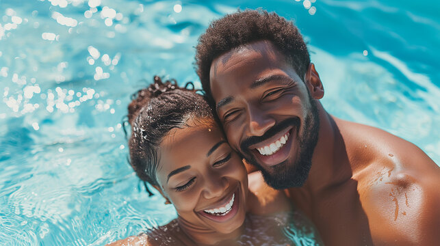 Happy young and beautiful black couple laughing and hugging in the water at sunshine. vacation and tourism picture for websites and advertising