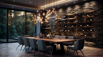 Modern luxury dining space with a sleek glass table, designer chairs, and a floor-to-ceiling wine wall as a focal point