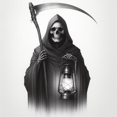 the grim reaper with a scythe, portrait of the death on white background. - obrazy, fototapety, plakaty