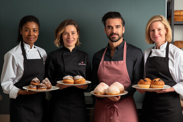 Quatre pâtissiers présentent leur meilleure recette de petit gâteau, muffin et beignets à l'assistance, atelier de cuisine, gastronomie et réalisation de desserts sucrés à partager - obrazy, fototapety, plakaty