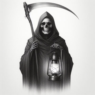 recommend clip art: the grim reaper with a scythe, portrait of the death on white background.
