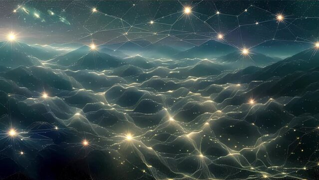 the lights and connections of a digital network spreading over a mountainous region. Points of light connect peaks, forming a pattern of polygons illuminated by a bluish-white light.
