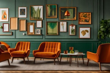 Orange chairs and a green sofa are positioned against a poster-frame wall. Modern living room...