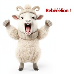 Ram in rebellion with French pun using the sound baa, rebel cute cartoon comic animal protesting, disagreeing and rising up against the king, the leader, the wolf, the shepherd or the manager