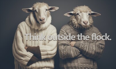 Two adorable anthropomorphic sheep wearing wool sweater standing with folded arms, beautiful, funny, original satirical illustration with fun pun English humour text message Think outside the flock, - obrazy, fototapety, plakaty