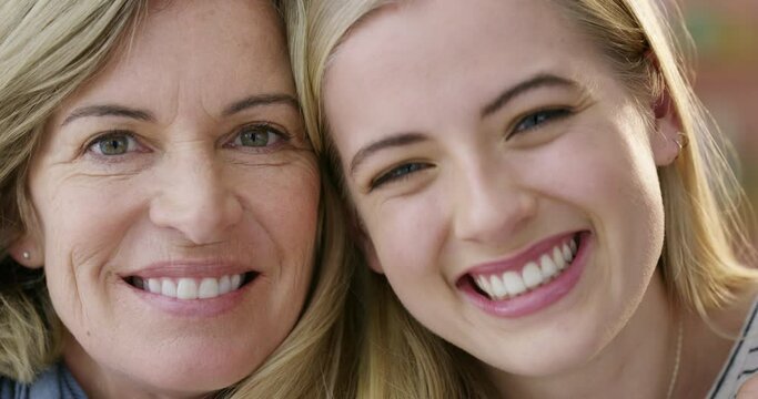 Happy mother, daughter and closeup of face in family, bonding or love for care, support or weekend together at home. Portrait of mom and young woman smile for embrace in joy for holiday at the house