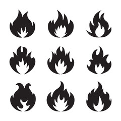 Fire icon set. Fire flame symbol. Bonfire silhouette logotype.