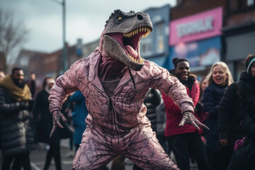 Naklejka premium A person in a dinosaur costume participating in a dance-off with street performers, bringing laughter to the urban jungle. Generative Ai.