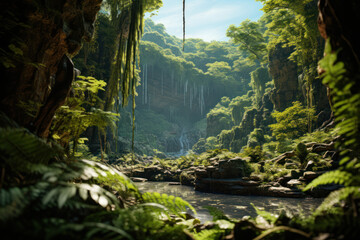 A depiction of a prehistoric forest, complete with towering ferns and primitive conifers, capturing the essence of ancient landscapes. Generative Ai.