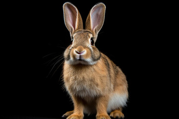Fototapeta premium Cottontail Rabbit sitting on a black background. Animal front portrait.