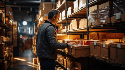 A man packs parcels in a warehouse - obrazy, fototapety, plakaty