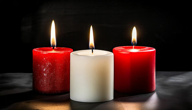 Red and white candles on a black background with flower petals.