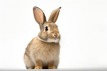 Cottontail rabbit sitting on a white background. Animal side portrait.